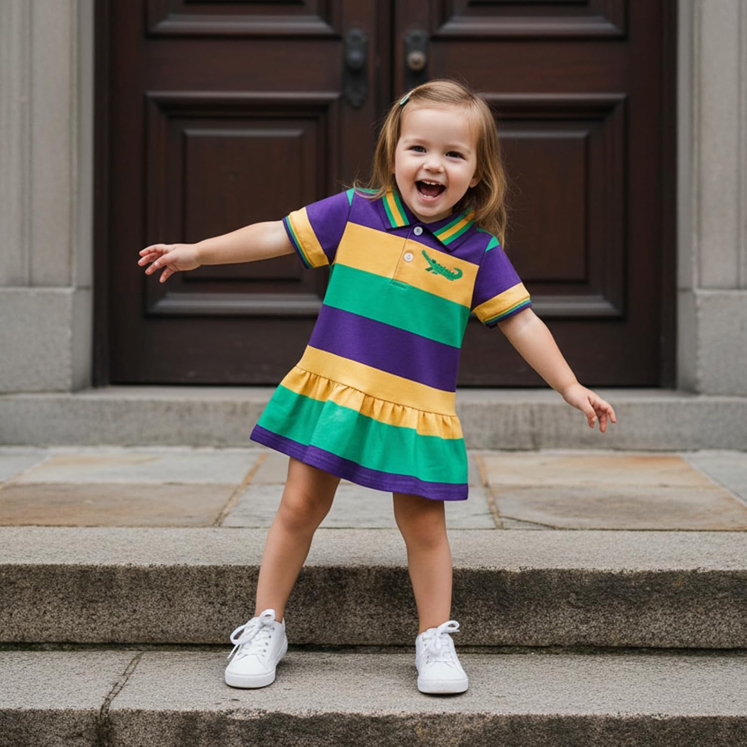 Toddler Little Girls Mardi Gras Dress Crocodile Short Sleeve Striped Lapel Ruffle Dresses Kids Baby Carnival Outfit - Image 2