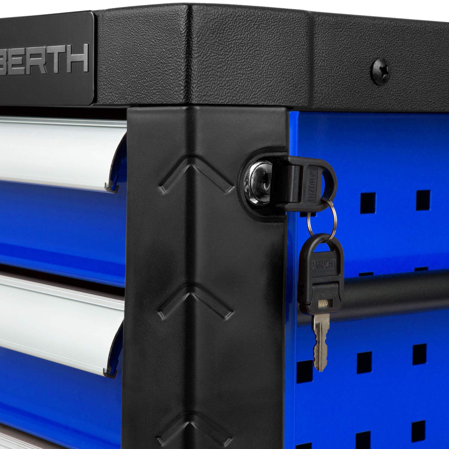 EBERTH Werkzeugkiste Leer, Werkzeugschrank Metall mit 3 Schubladen, kugelgelagerte Teleskopschienen, Vollauszug, Werkzeugbox abschließbar mit 2 Schlüsseln, Werkzeugkasten dunkelblau Pulverbeschichtet