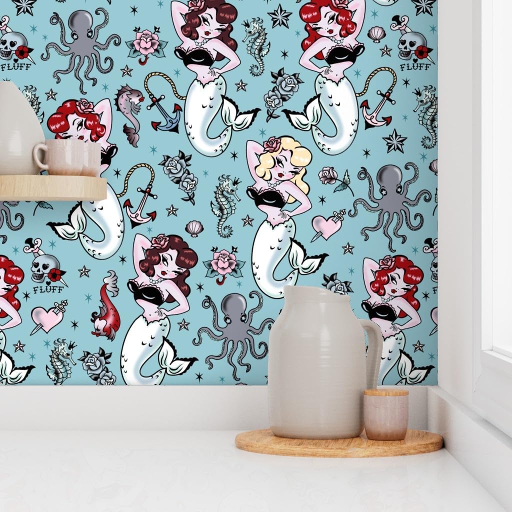 Removable Wallpaper 12ft x 2ft - Mermaid Vintage Retro Rockabilly Style Pinup Kawaii Mermaids Cute Custom Pre-Pasted Wallpaper by Spoonflower
