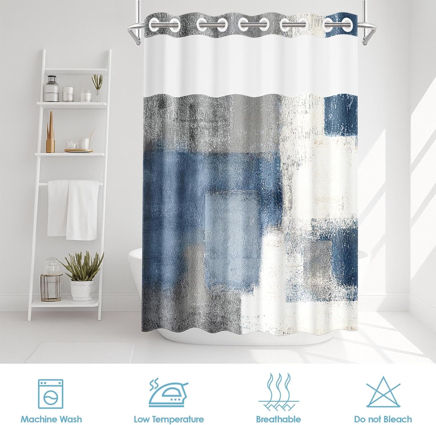 No Hook Blue Grey Painting Shower Curtain with Snap in Fabric Liner Set, Gray Abstract Double Layers Waterproof Fabric with See Through Top Window Open Grommet Bath Curtain 71x74 Inch