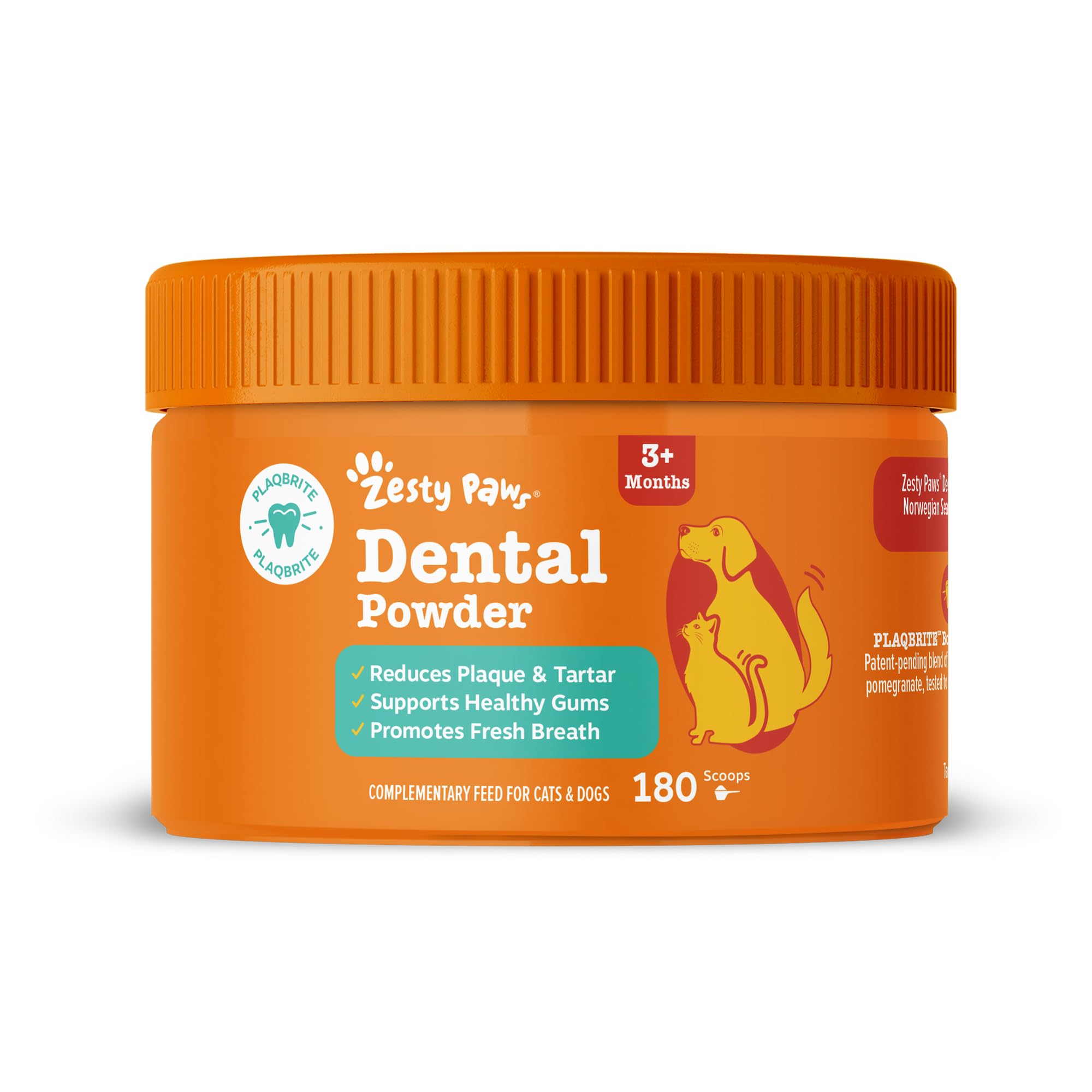 Zesty Paws Dental Powder for Dogs & Cats teeth | Targets Plaque & Tartar, Supports Healthy Gums & Fresh Breath | With Seaweed, Green Tea, Echinacea & Pomegranate | Daily Use | 180 Scoops