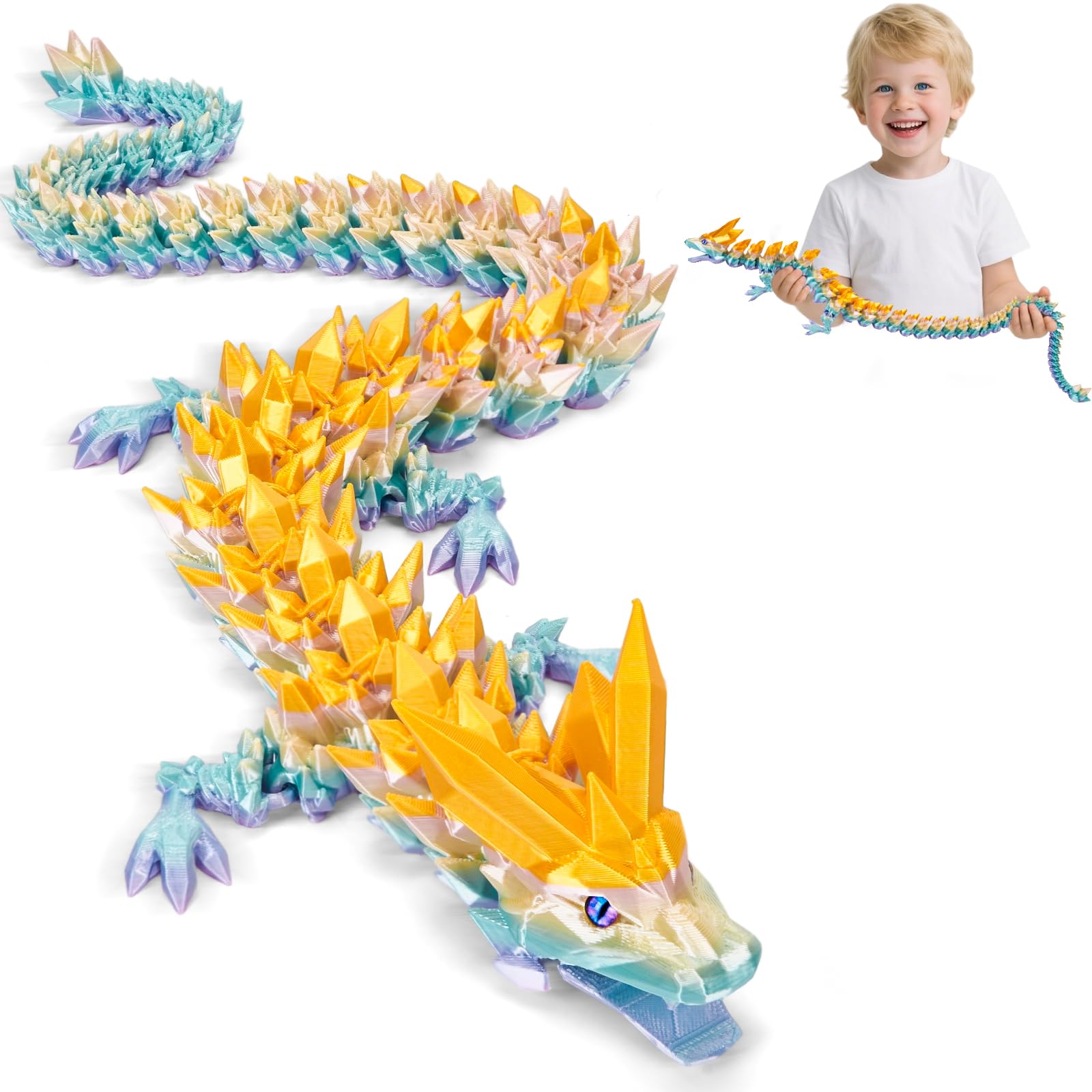 3D Printed Dragon Toys with Eyes, Bendable and Flexible Big Fidget, 24 inches Dazzling Gradient Crystal Wyrm, Articulated Gem Serpent Figure for Home Decor (Mystical Gold-Rainbow Dragon)