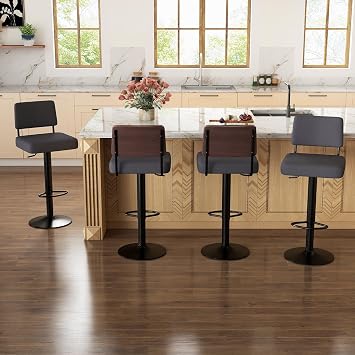 Adjustable Bar Stool Set of 4, Modern Counter Height Stools, Upholstered Swivel Bar Chairs with Curved Wooden Back, Footrest and Metal Base for Kitchen Island, Bar, Cafe, Grey