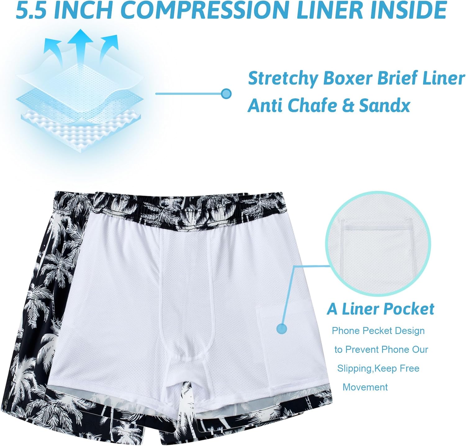 Cozople Mens Swim Trunks with Compression Liner 5.5" Inseam Quick Dry Bathing Suit Lightweight Swimming Shorts
