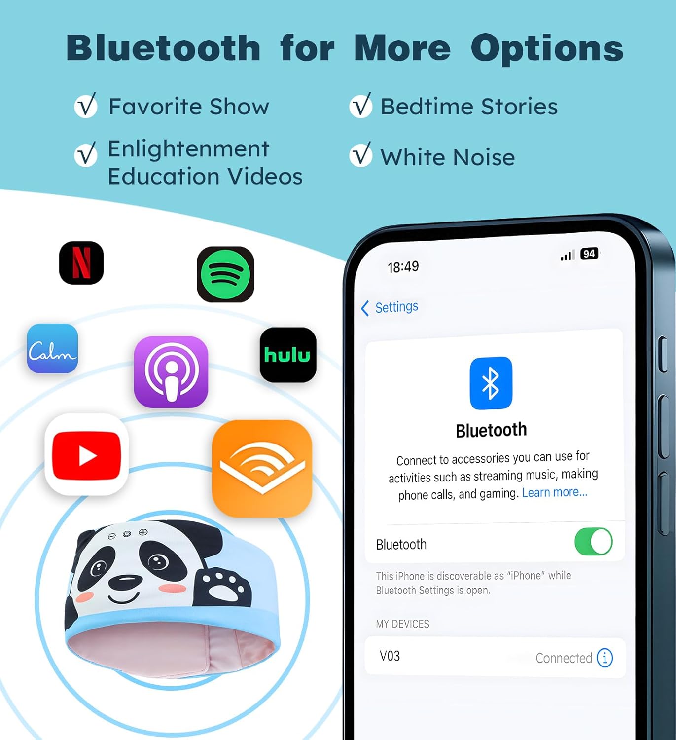 Toddler Headband Headphones Wireless, Kids Bluetooth Earphones for iPad, Safe Volume - Wired School Headphones with 3.5 MM Jack, Sleep Mask for Kids, Travel Accessories Gift for Boys & Girls (Panda)
