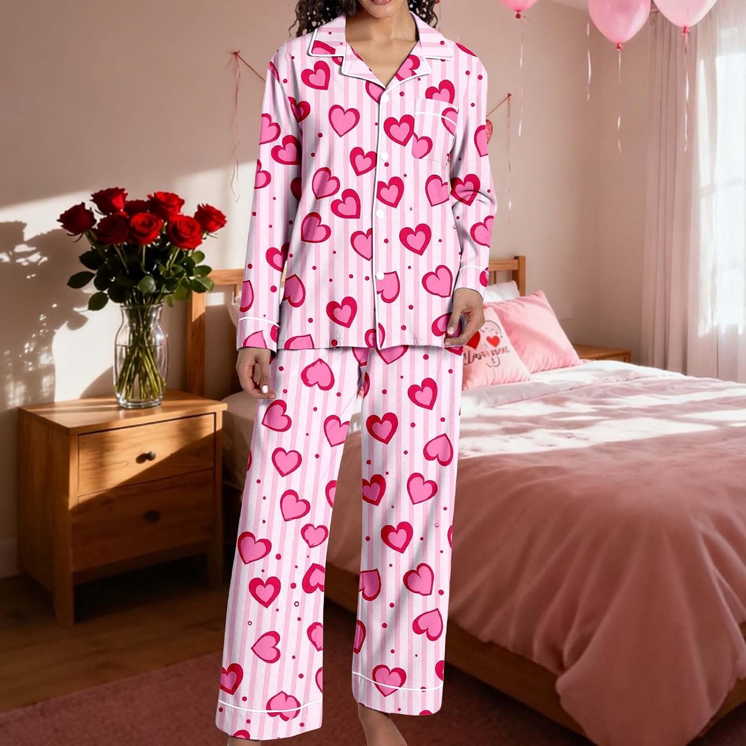 Women'S Pajama Set,Womens Pajamas Long Sleeve Cute Print 2 Piece Outfits | Pajama Sets For Women 2 Piece Pants Button Down 2 Piece Nightgowns Fall Winter Wedding Party Clothing Women'S Pajama Set Pink
