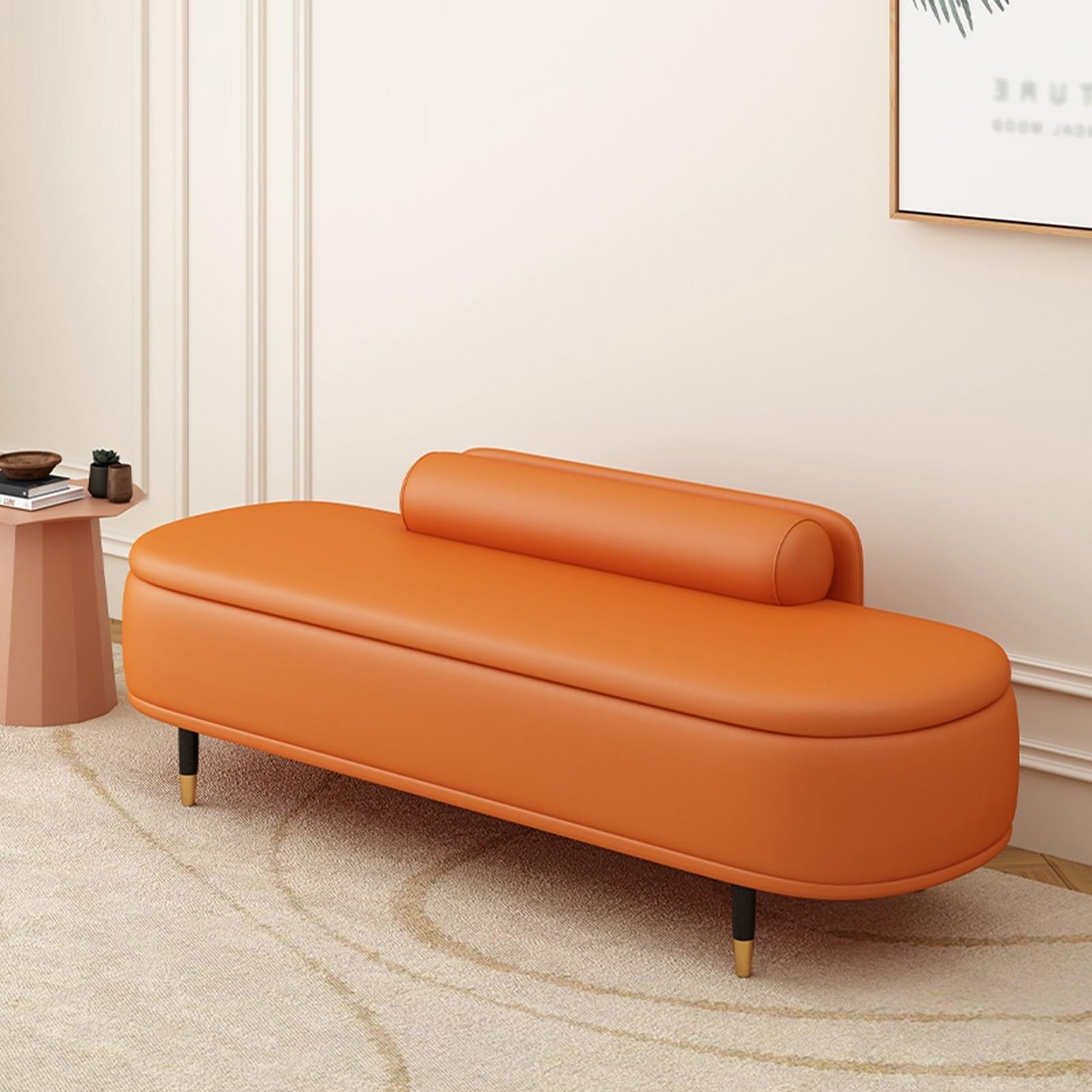 Lederhocker mit Rückenlehne, Aufbewahrungsmöglichkeit für den Eingangsbereich, Fußhocker mit Stauraum, Spielzeugbank, für Wohnzimmer, Schlafzimmer, Fußende des Bettes(Orange,170cm/66.9in)