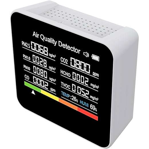 DeWire 9-in-1 Air Quality Detector with Color Display - Multifunctional CO2, CO, HCHO, TVOC, PM2.5, PM10, PM1.0 Monitor with Temperature & Humidity Sensors, USB-C Rechargeable