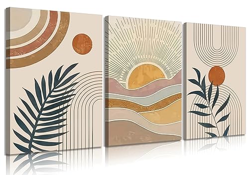 3Pcs Framed Boho Abstract Wall Art Orange Rainbow Sun Desert