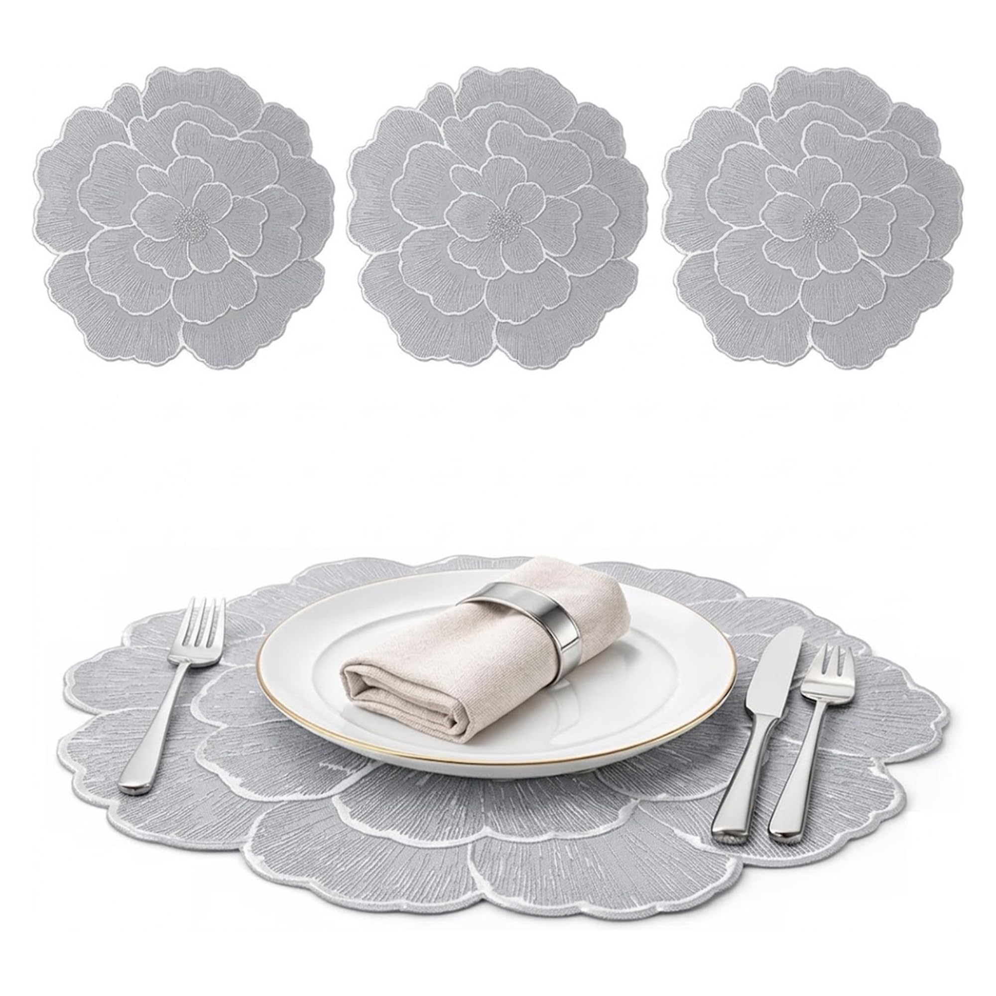4 x Dubai Table Placemats 38cm Round Woven Flower Design Placemats Heat Resistant Table Mats for Dining Kitchen Table Decor (Gray)