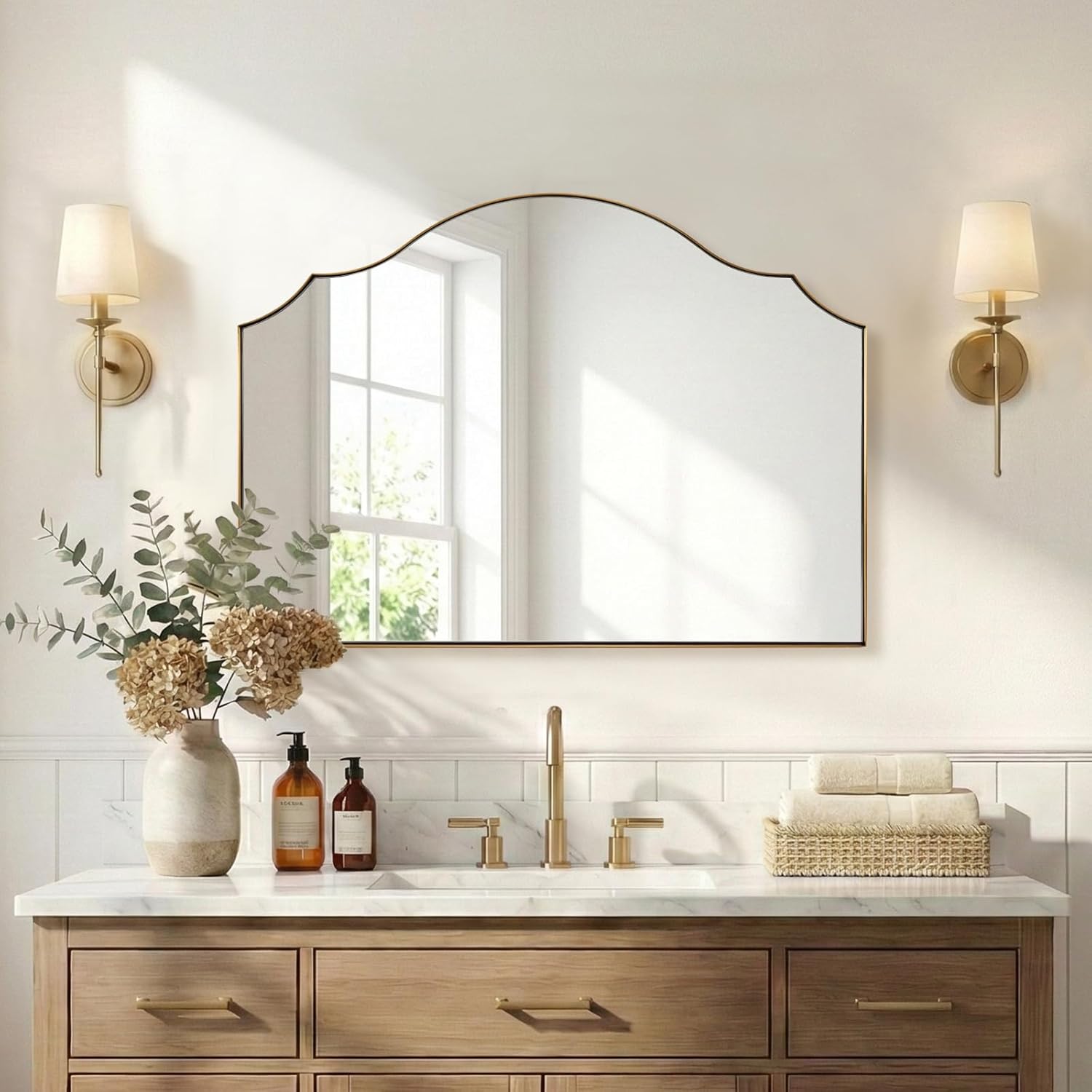 ANDY STAR Scalloped Arched Mirror, 36x26 Inch Gold Mantle Mirror with Stainless Steel Metal Frame, Modern Wall Mirrors for Bathroom, Fireplace, Living Room, Entryway Hangs Vertically