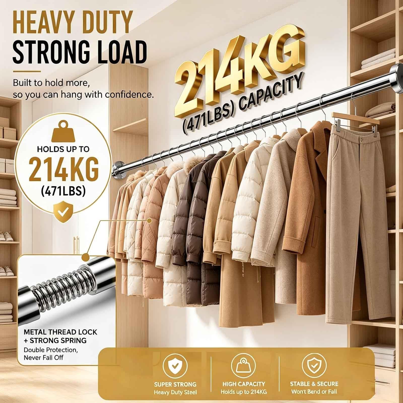 Stainless Steel Tension Curtain Rod, Closet Rods Hanging Clothes