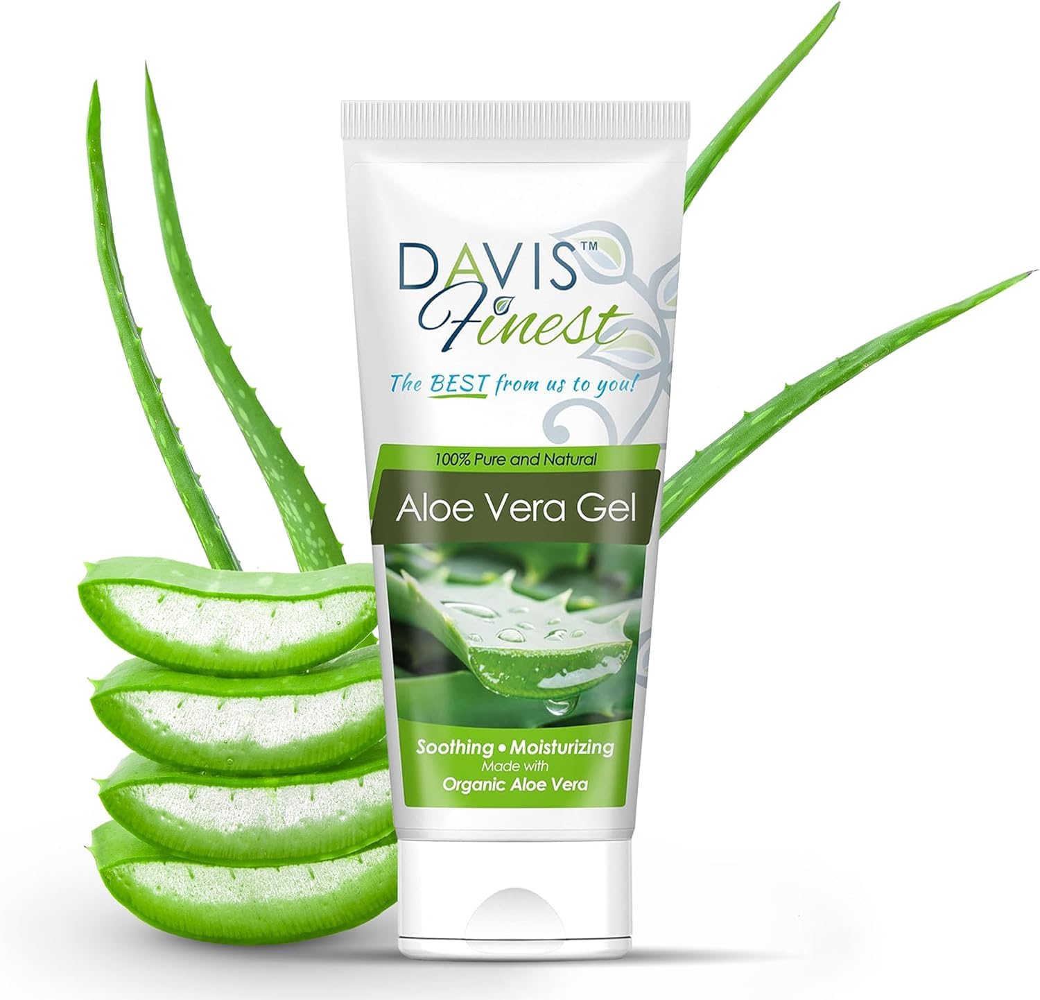 Davis Finest Pure Aloe Vera Gel for Face, Hair & Skin, Aftersun, Sunburn, Cooling Soothing Hydrating 100% Natural Moisturizing Alcohol-free Aftershave Lotion, Unscented, Vegan & Organic, 200ml