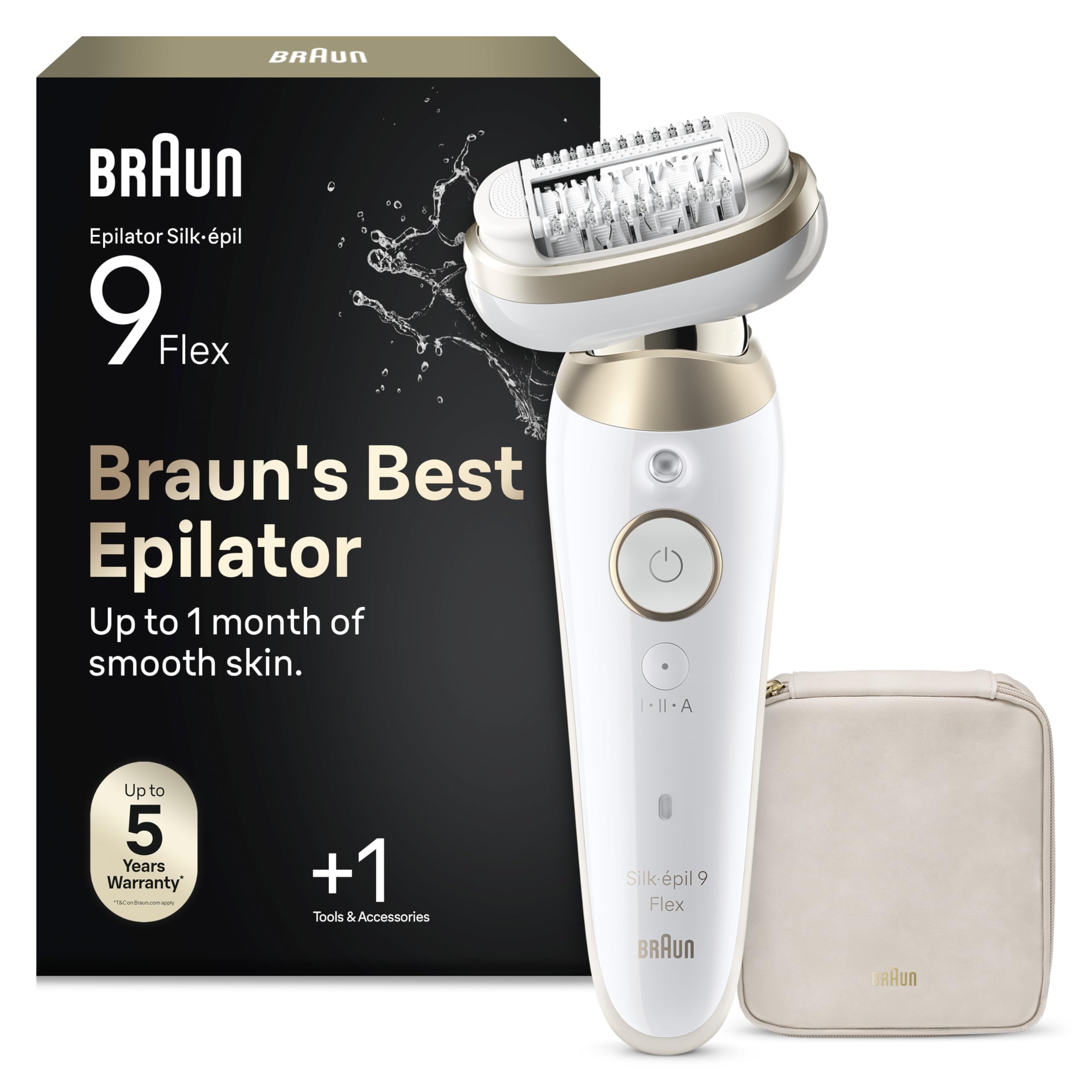 Braun Silk·épil 9 Flex, Epilator with 360° Flexible Head for Easy Hair Removal, Wet & Dry, Lasting Smooth Skin, Includes Shaver Head and Trimmer Comb, 9-030 3D, Gold