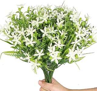 6Pcs Artificial UV Resistant Flowers Outdoor Fake Plants Flowers Star Jasmine White Greenery Plastic Flowers Farmhouse Plants Shrubs for Hanging Planter Garden Cemetery Grave Kitchen Decor