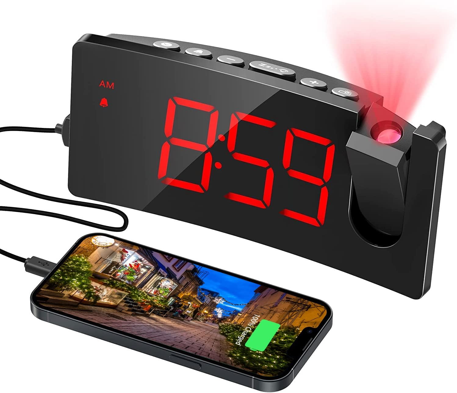 Projection Alarm Clock for Bedrooms, USB Phone Charging Port, 180¡ã Rotable 5'' LED Curved-Screen, 4 Dimmer, Snooze, 12/24H Digital Clock for Decor Desk Teens