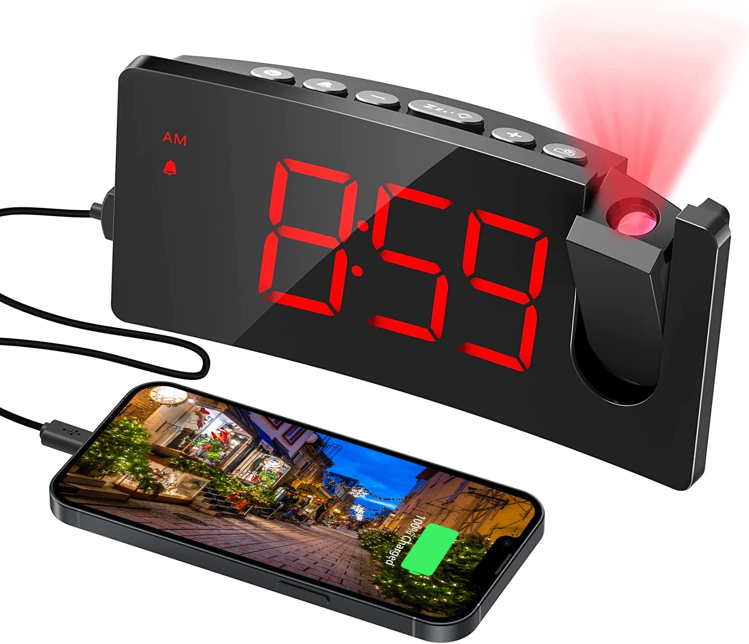 VoluAlarm Projection Alarm Clock for Bedrooms USB Phone Charging Port 180 Rotable 5 LED Curved-Screen 4 Dimmer Snooze