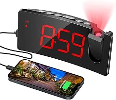 VoluAlarm Projection Alarm Clock for Bedrooms USB Phone Charging Port 180 Rotable 5 LED Curved-Screen 4 Dimmer Snooze