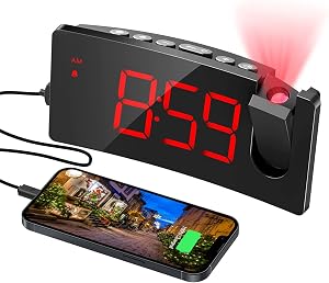 VoluAlarm Projection Alarm Clock for Bedrooms USB Phone Charging Port 180 Rotable 5 LED Curved-Screen 4 Dimmer Snooze