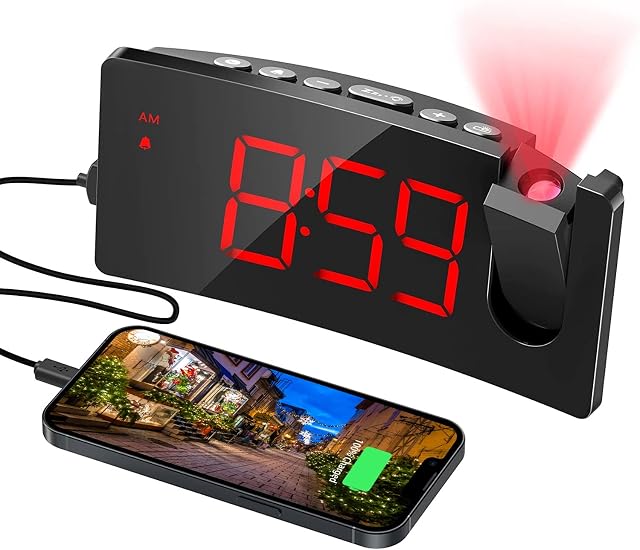 VoluAlarm Projection Alarm Clock for Bedrooms USB Phone Charging Port 180 Rotable 5 LED Curved-Screen 4 Dimmer Snooze
