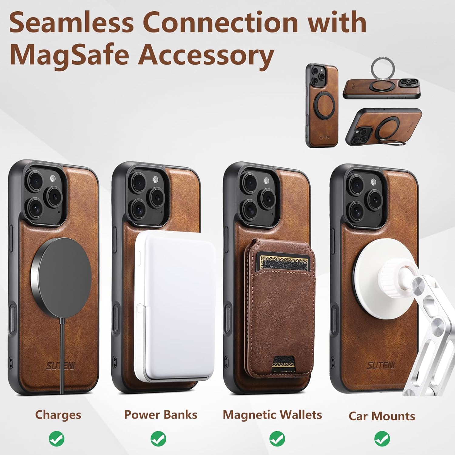 Built-in 360° Spin Magnetic Stand for iPhone 16 Pro Case, Fit for MagSafe, Military Grade Protective Leather Cover for Phone 16 Pro Caso with Invisible Kickstand Rotatable, Brown