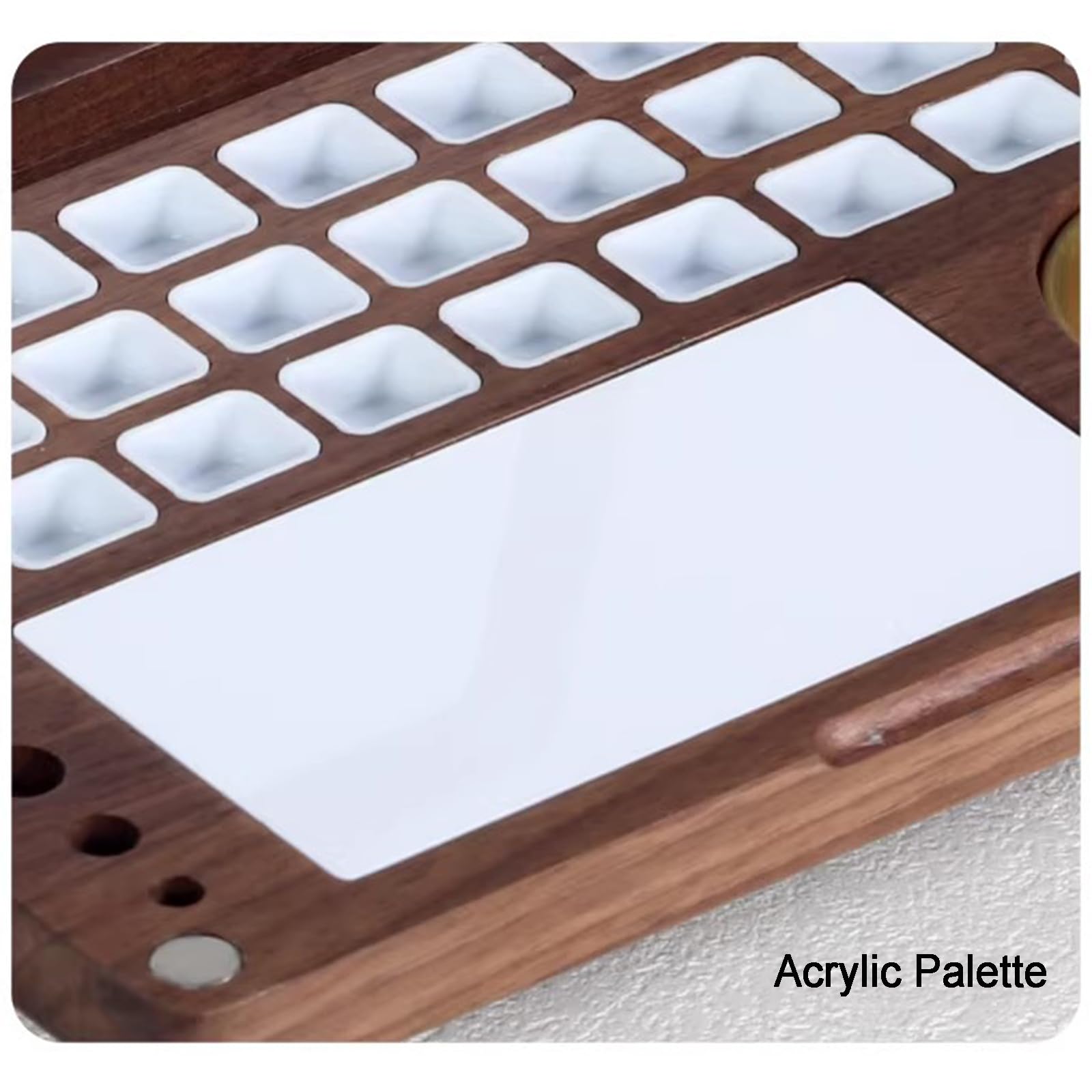 Caja de paleta de madera de acuarela con ranura para pinceles, soportes, taza de limpieza y clip para teléfono para acuarela, gouache y pintura acrílica al aire libre