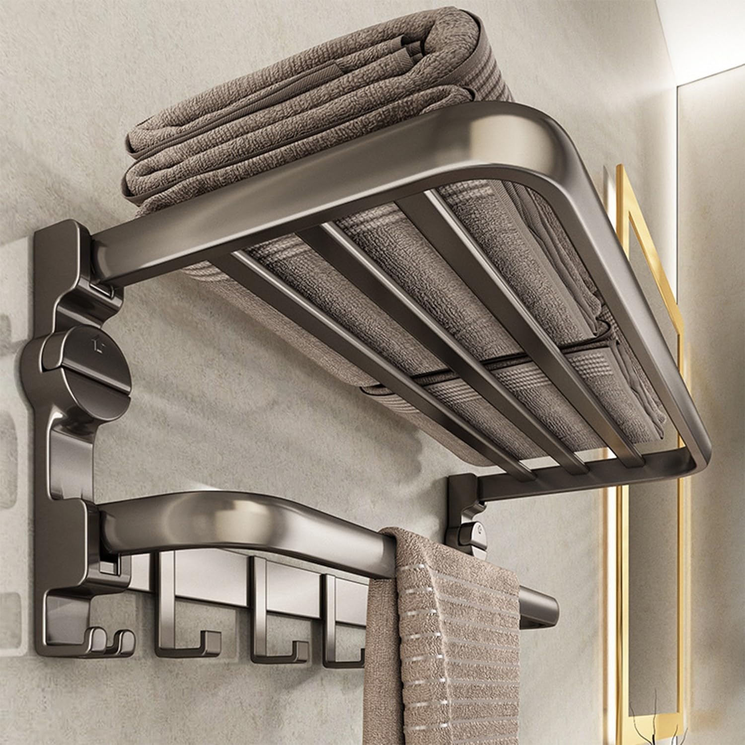 Toallero plegable de doble capa de aluminio negro resistente con ganchos para baño