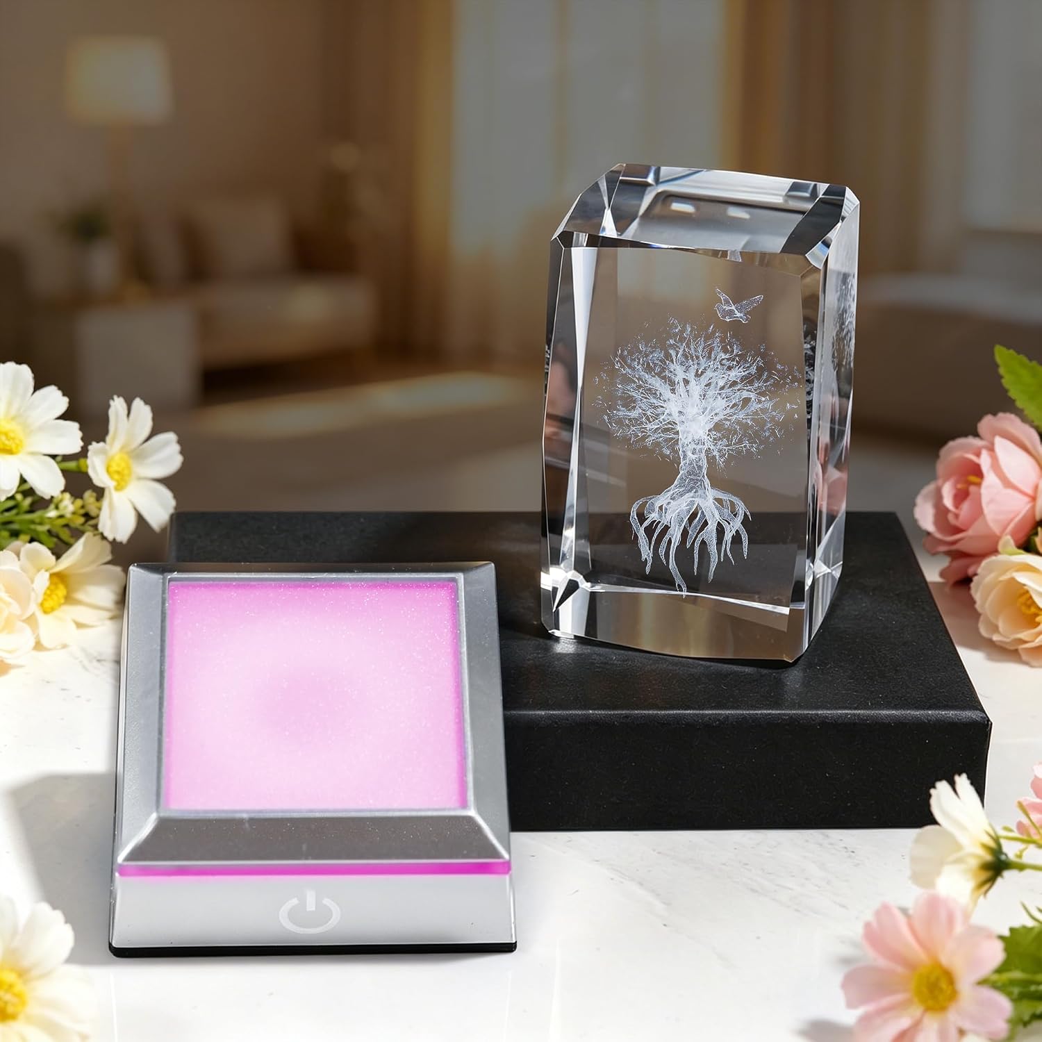 3D Crystal Cube Statue of Life Tree Figurine Decorations, Laser Engraved Crystal with Colorful LED Light Base,Modern Home Office Decor for Women Men image 5