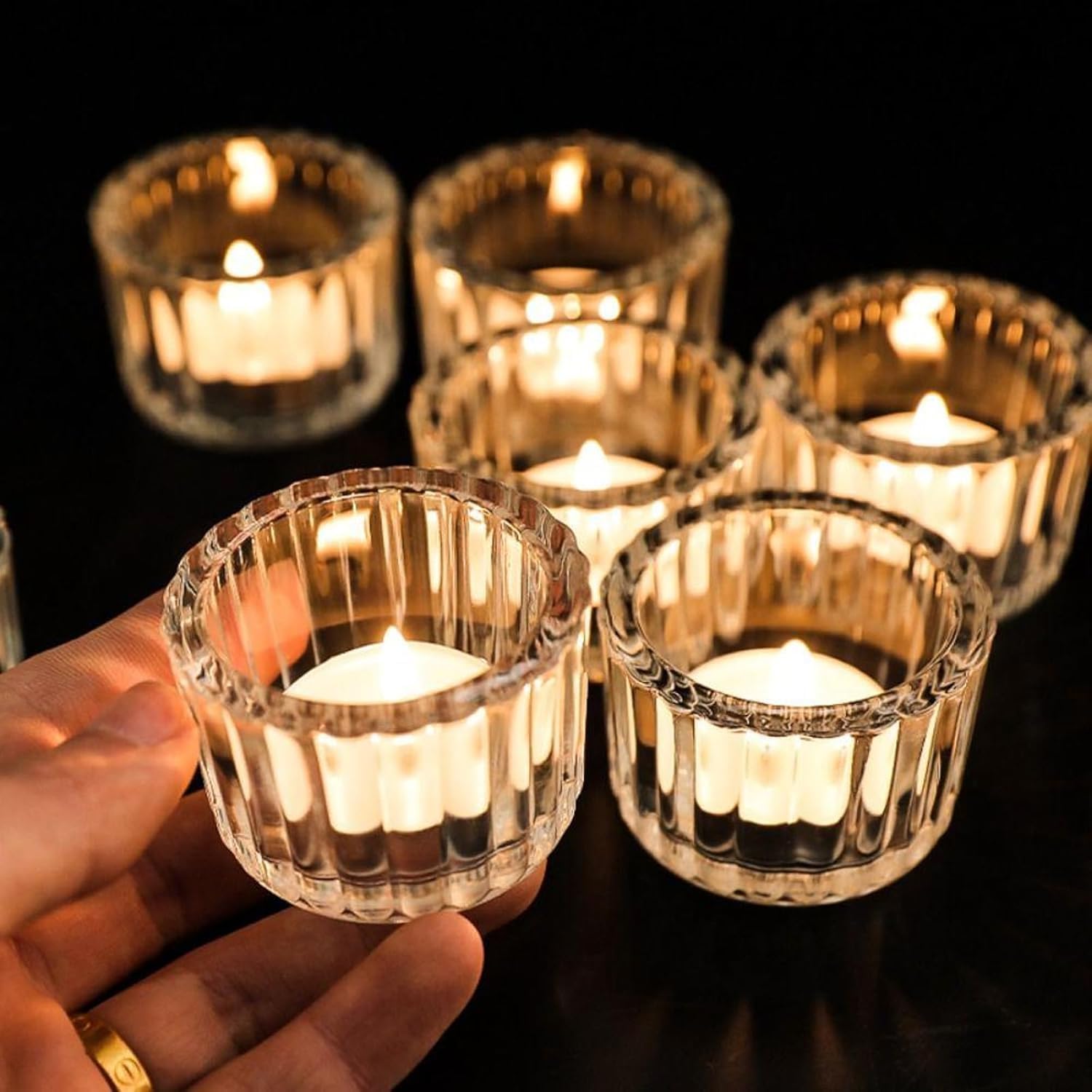 Clear Tea Light Candle Holders Set of 12, 5cm x 3.5cm Glass Tea Light Holders for Table Centerpiece, Mini Votive Candle Holders for Weddings, Birthday Parties, Home Decor, Table Decor