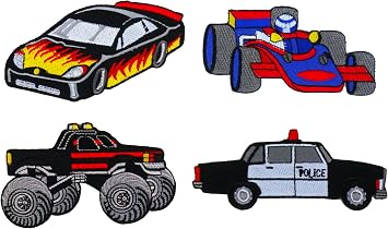 Graphic Dust Pack of 4 Racing Car Embroidered Iron On Patch Police Road Monster Racing Biker Classic Car Vintage Car Racer Club Jacket