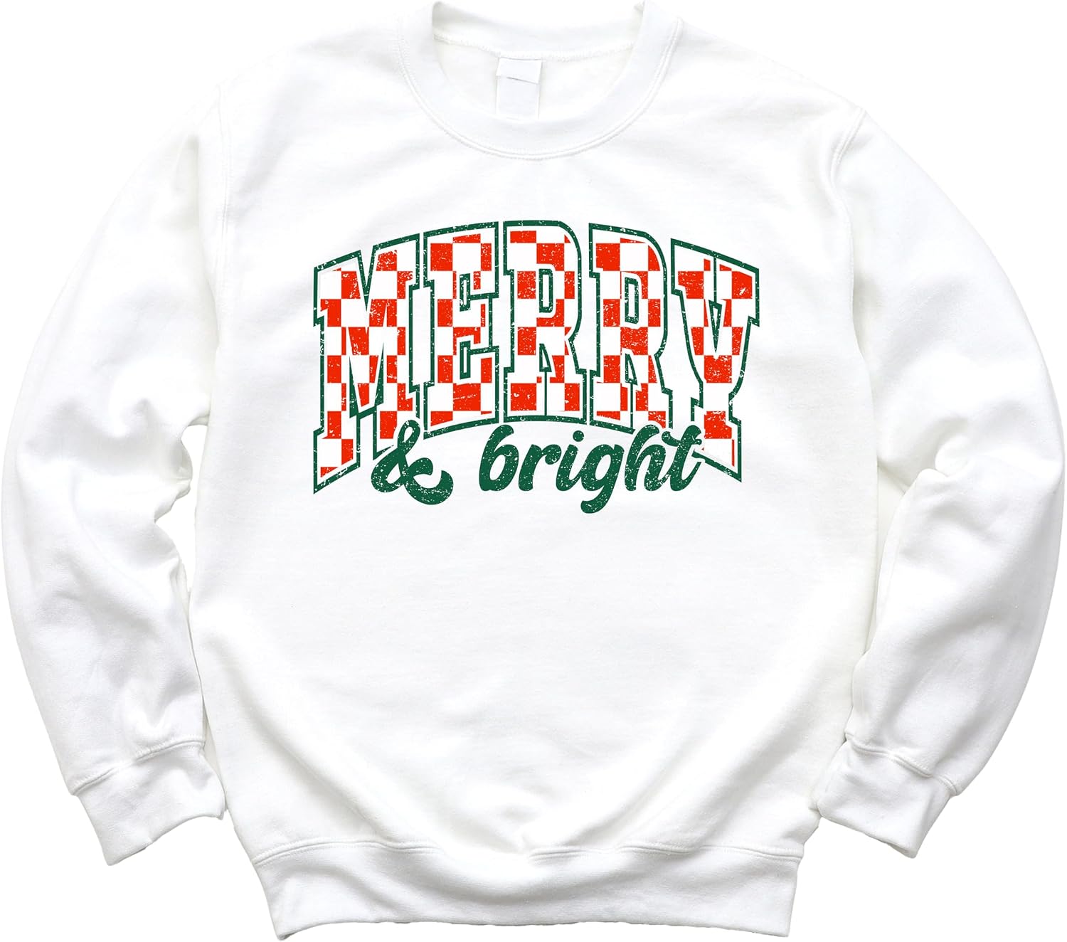 Merry and Bright Sweatshirt Retro Green and Red Check Christmas Pullover