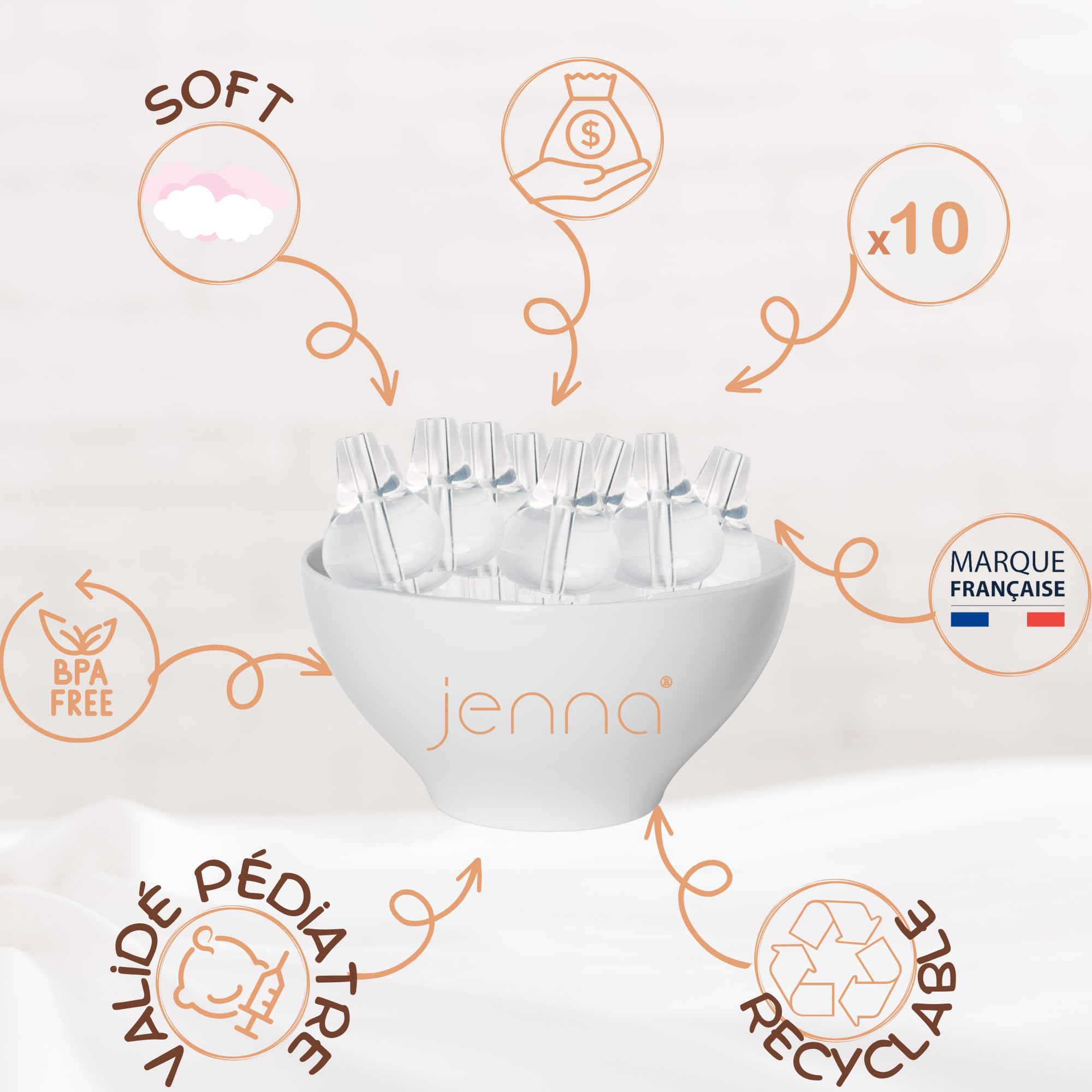 Jenna® |10 Embouts Seringue Nasale Bébé Réutilisables Embout Mouche Bébé Souple Silicone Hypoallergénique Compatible Sérum Physiologique Nettoyage Facile Hygiène Nez Bébé & Nouveau-Né Brosse Incluse