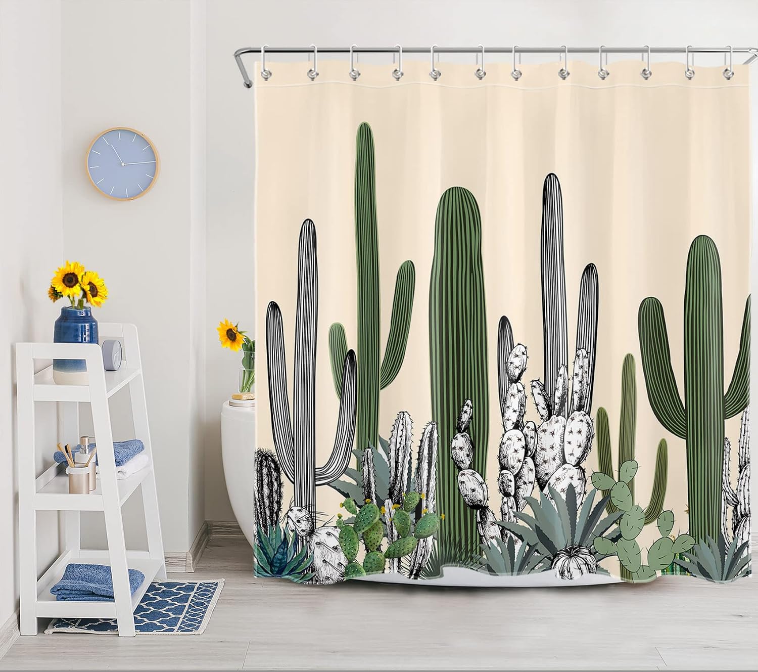 Tropical Cactus Shower Curtain with Hooks, Green Succulent Botanical Cactus on Beige Shower Curtain for Bathroom, Desert Sage Green Plant Bathroom Shower Curtains Set, 72X78Inches