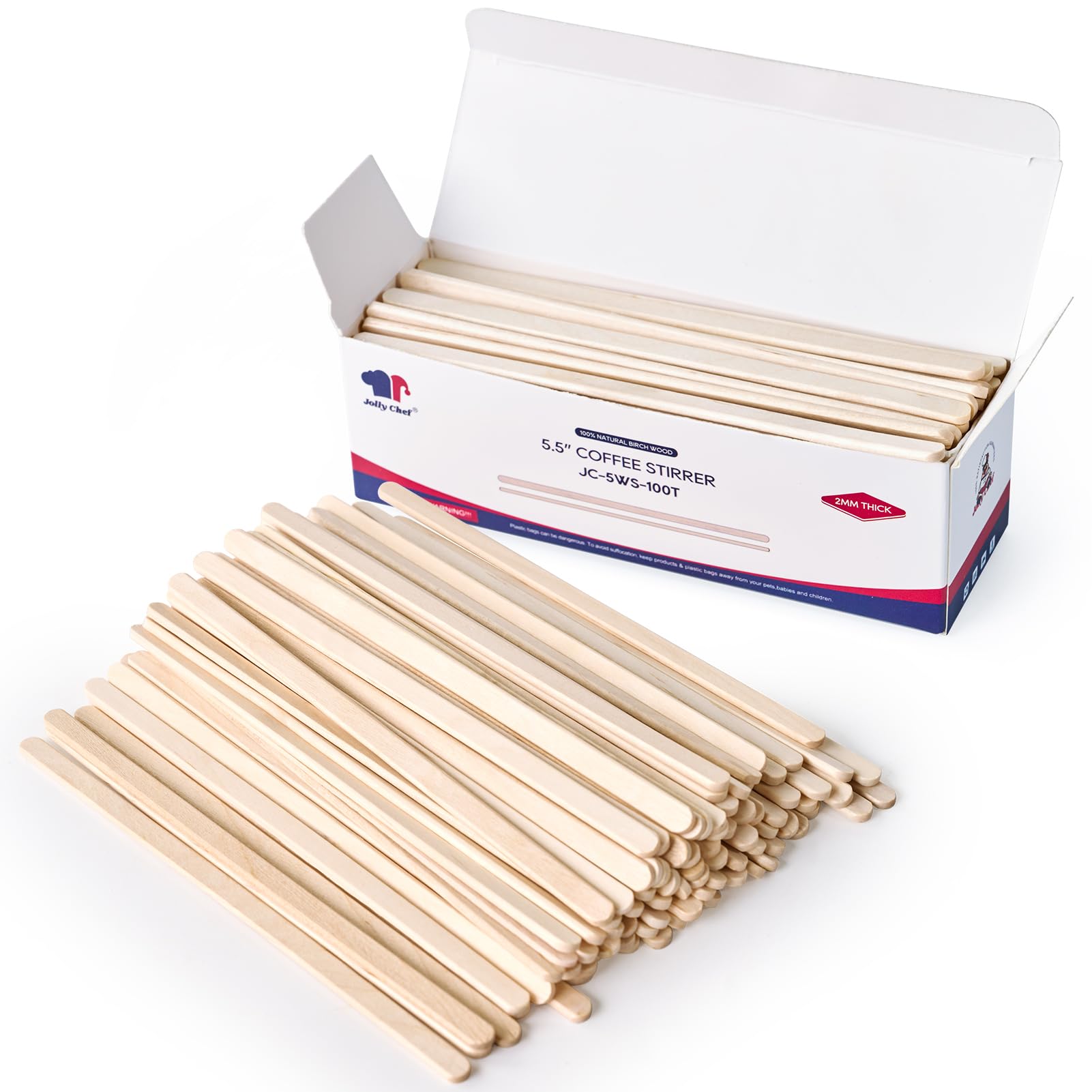 JOLLY CHEF 5.5 inch Coffee Stirrers 100 Count Birch Wooden Coffee Stir Sticks 2mm Thick Wood Stirring Sticks