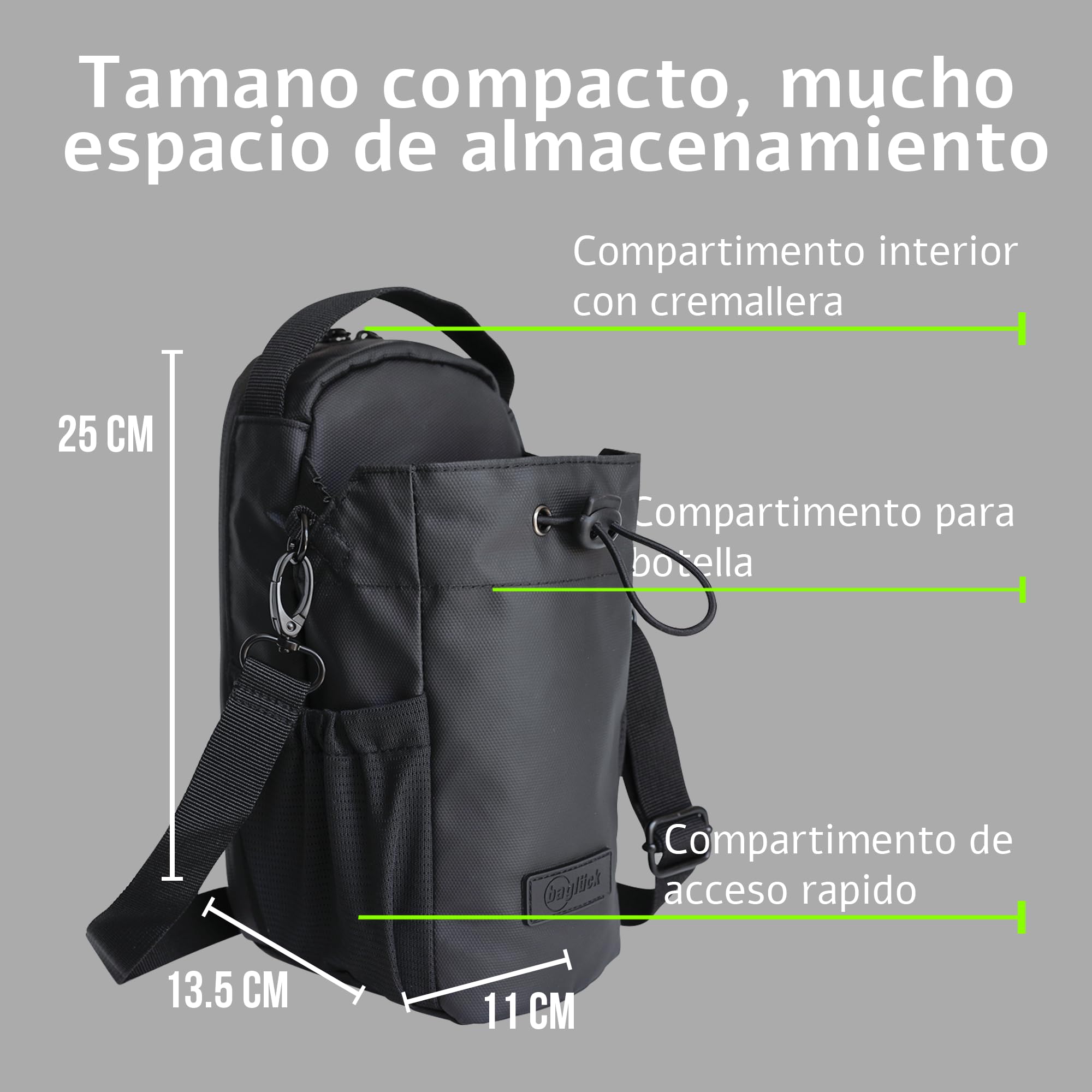 Bolsa Deportiva Magnética para Gimnasio con Soporte para Botella 1,5 L, Correa Ajustable, Negro