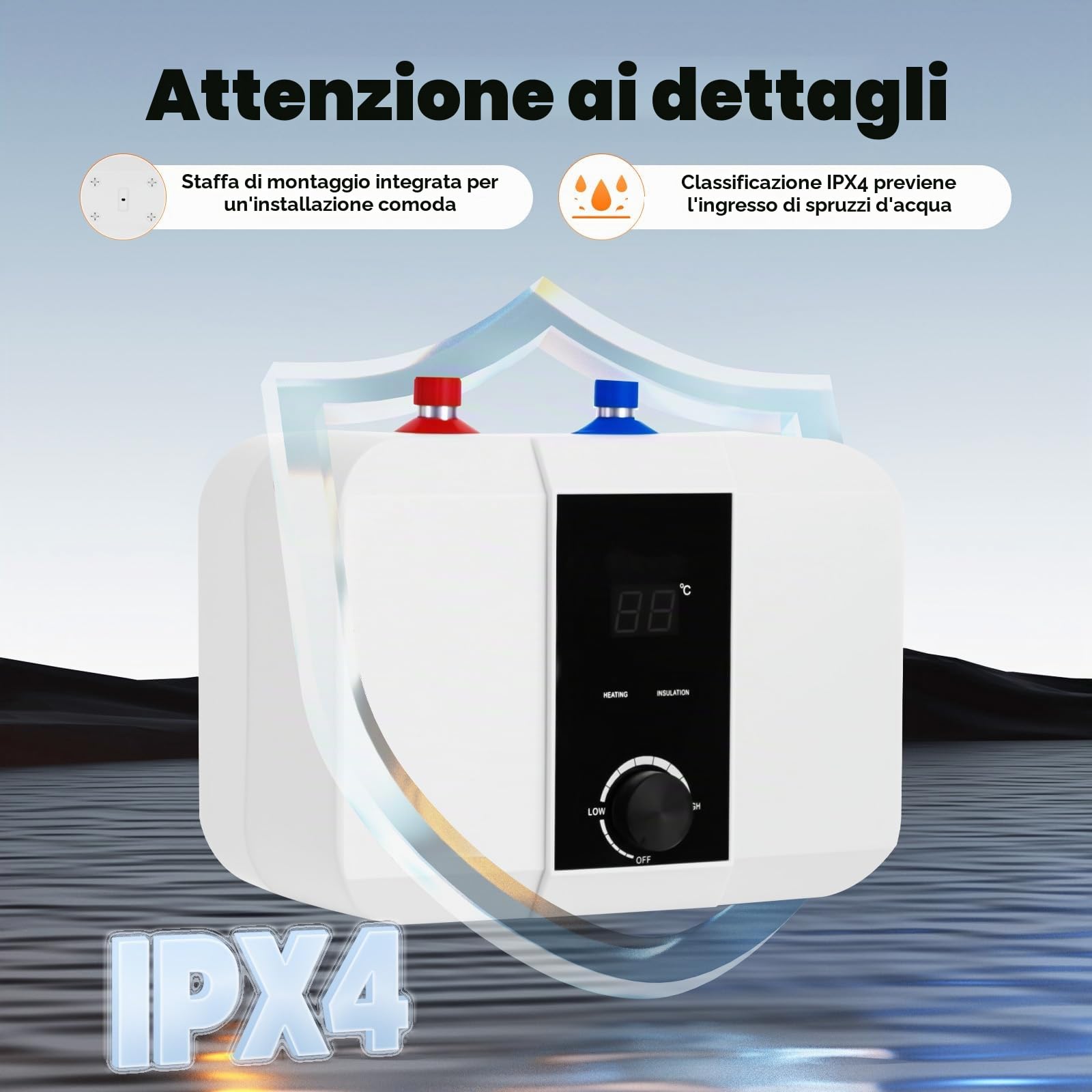MINRS Scaldabagno elettronico da 6 l, 1500 W, con indicatore di temperatura a LED leggibile, 220 V, scaldabagno da 0 a 65 °C, per cucina e bagno