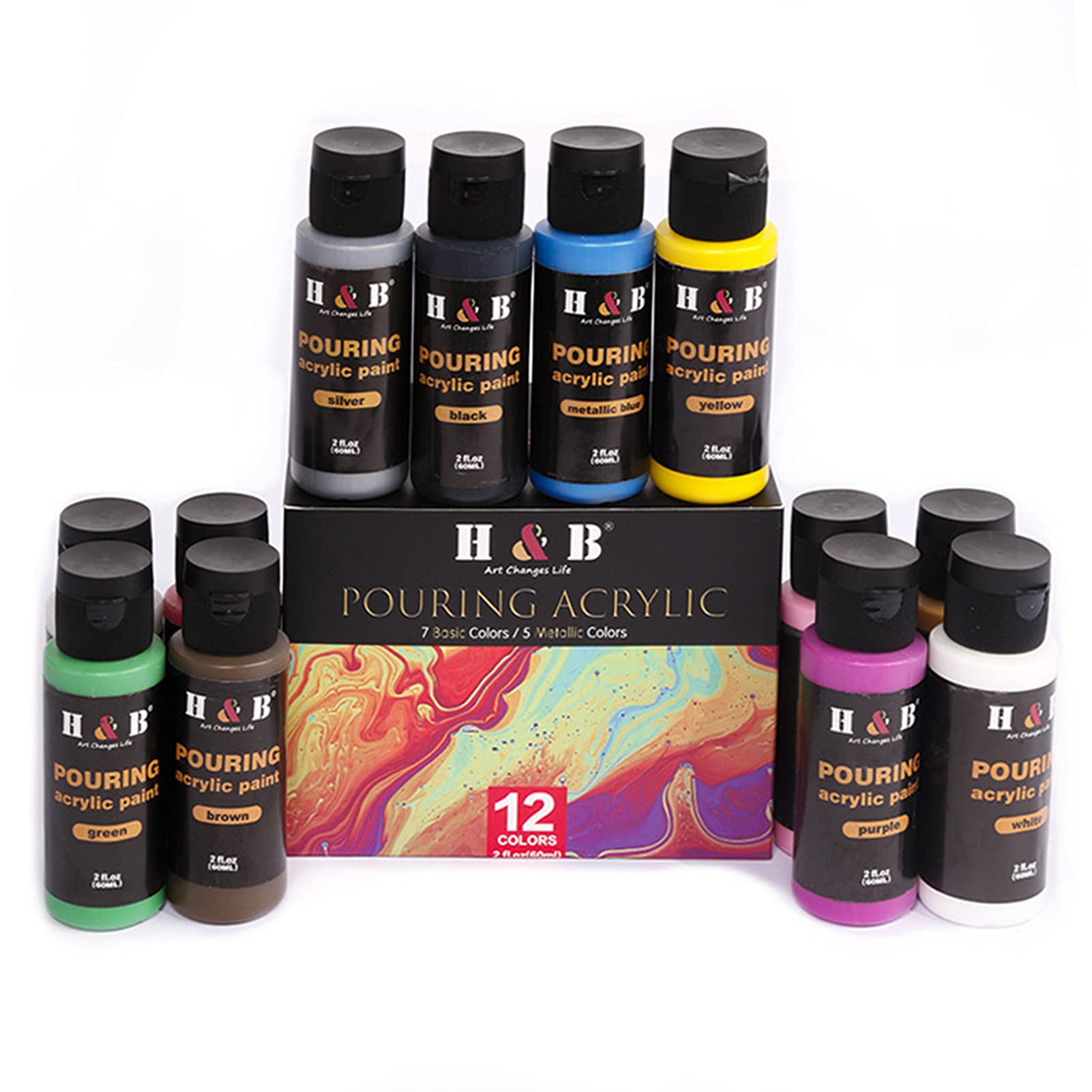 Joleritc12 Colors Pouring Acrylic Paint Set 60ml/2 fl.oz Each Bottle Non Toxic Art Paints Supplies for Children Students Beginners Adults Ast Painter Painting on Canvas Paper Wood Stone Ceramic Art