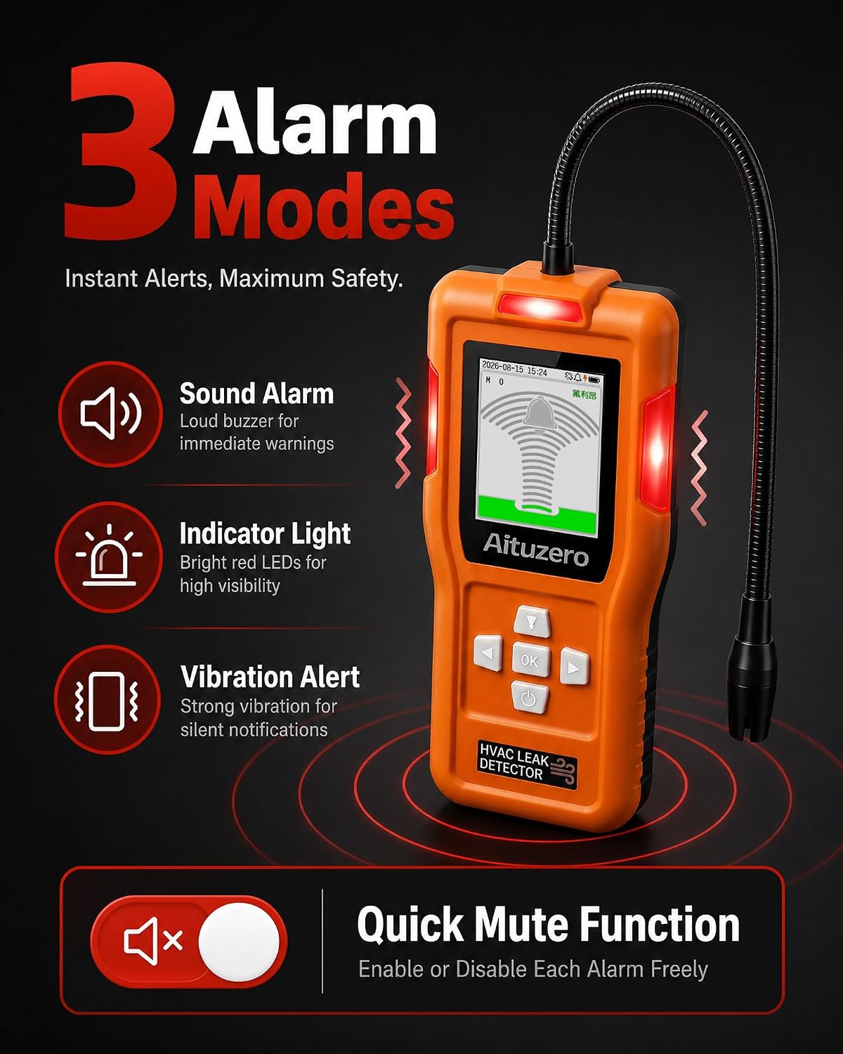 Rechargeable Refrigerant Leak Detector, HVAC Freon Leak Detector with Japanese Sensor, 3 Sensitivity Levels, TFT Display, 3 Alarm Modes, AC Gas Sniffer for R134a R410A R22 R1234YF R32
