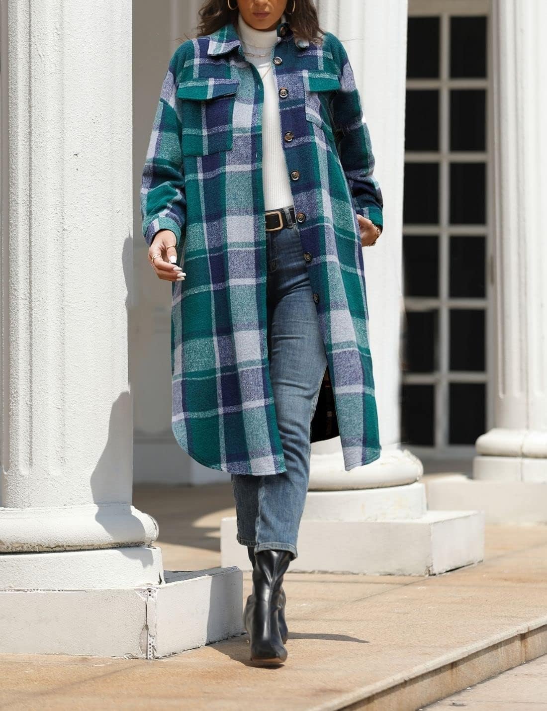 FindThy Women’s Long Plaid Shacket Wool Blend Button Down Shirt Jacket Coat with Pockets - Image 2