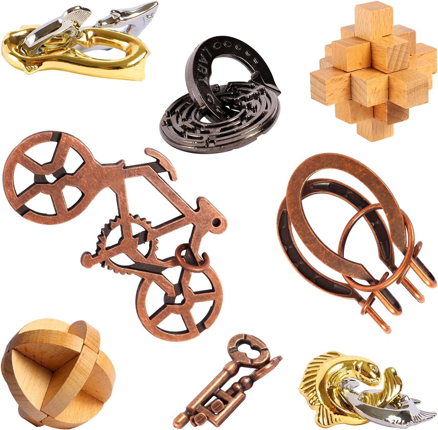 8 Pieces Wooden and Metal Brain Teaser Puzzles for Adults and Kids Family Games Party Favor Coffee Time Unlock Interlock Mind Challenging