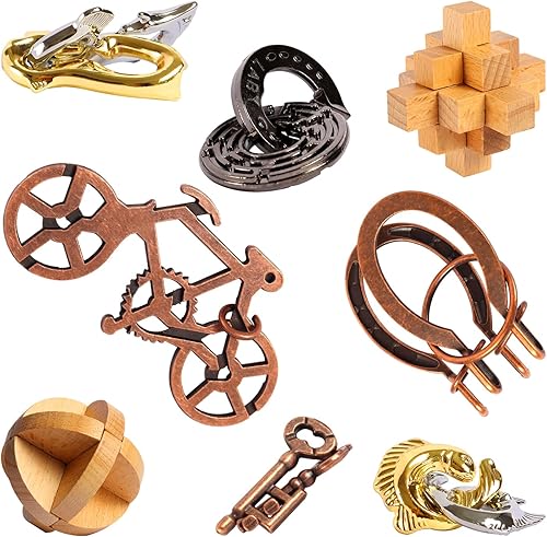 RLYLF Rompecabezas de madera y metal de 8 piezas para adultos y niños, juegos familiares, recuerdos de fiesta, café, desbloqueo, desbloqueo, mente