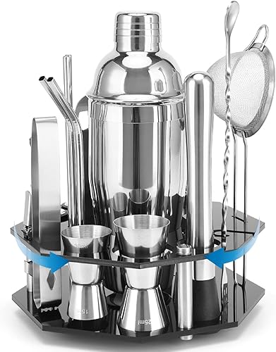 Miniatura 1 de Juego de coctelera con soporte giratorio, acero inoxidable duradero, kit de mezclador de bebidas de camarero de 21 piezas, colador, vertedero,