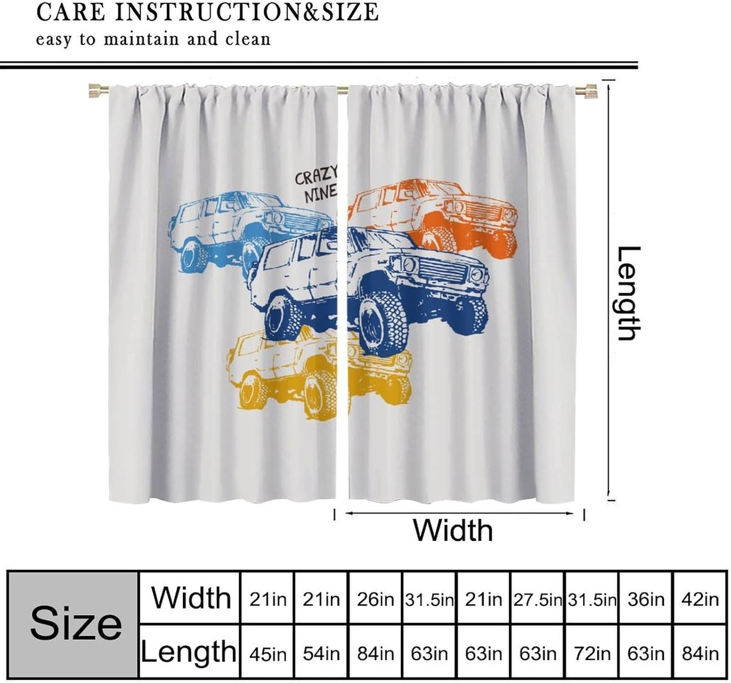 Vintage Cars Printed Window Curtains, Steampunk Cartoon Transportation Colorful Retro, Kitchen Curtains, Boys Girls Room Decor, Mustard Red Green Blue 42" W X 63" L