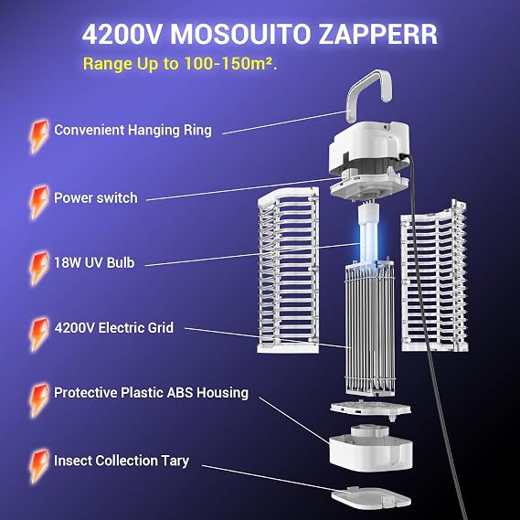 Bug Zapper, 4200V 18W UV Insect Pest Fly Killer, Electric Mosquito Zapper for Indoor and Outdoor, Waterproof Mosquito Killer Lamp for Flying Insect Control Lamp, Outdoor & Indoor Fly Zapper（White）