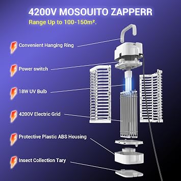 Bug Zapper, 4200V 18W UV Insect Pest Fly Killer, Electric Mosquito Zapper for Indoor and Outdoor, Waterproof Mosquito Killer Lamp for Flying Insect Control Lamp, Outdoor & Indoor Fly Zapper(White)