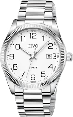 CIVO Waterproof Quartz Watches for Men Silver Casual Watch with Stainless Steel 3ATM Water Resistant for Handwashing Sweat Rain in Camping & Picnic