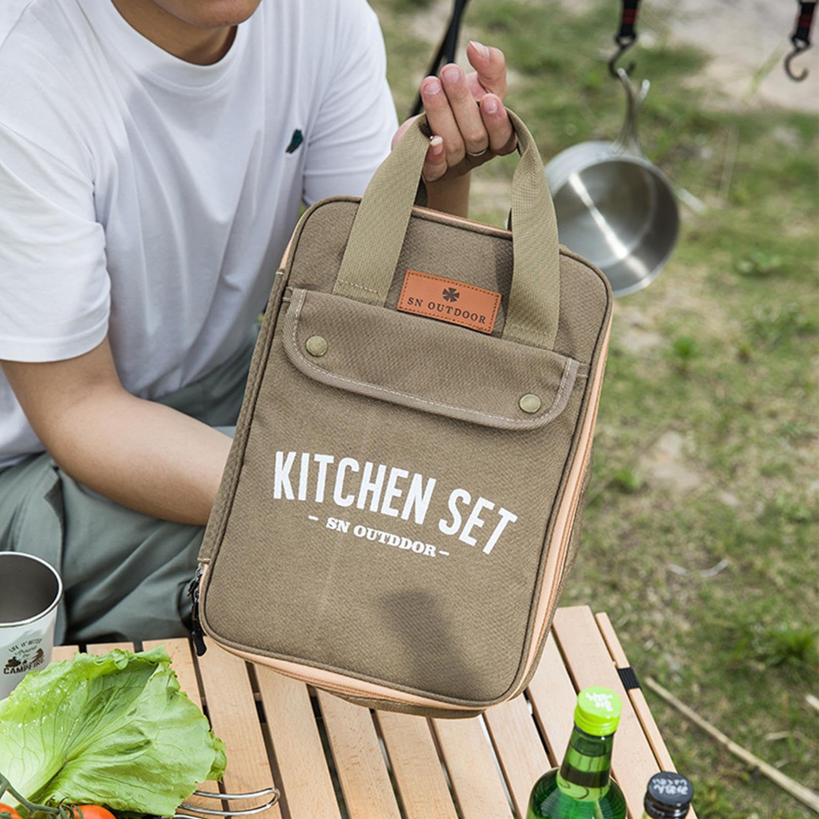 Camping-Kochgeschirr-Set, Camping-Utensilien, Küchenutensilien aus | Edelstahl, 8-teilig, kompaktes Küchenutensilien-Set aus Metall, mit Tasche