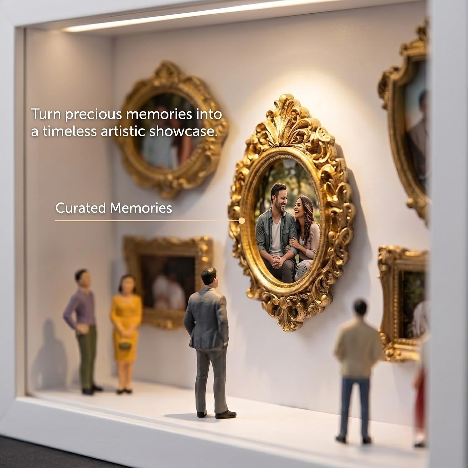DIY Mini Museum Silhouette Box, Museum of Us Shadow Box Frame Kit with Mini Gold Frames & Figurines, Personalized 3D Photo Memory Display Case for Anniversary & Wedding Gifts (White)