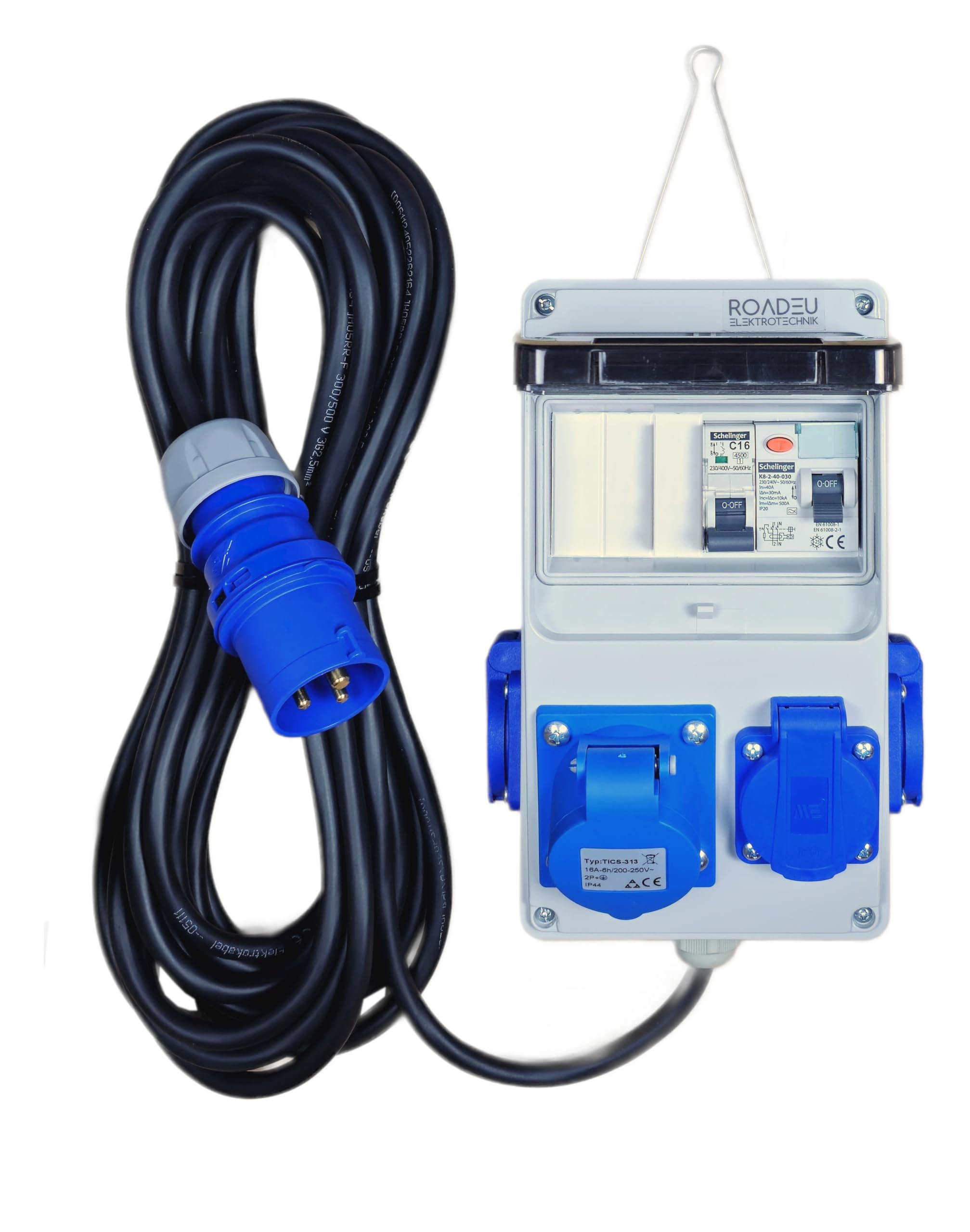 RoadEu - Distributore elettrico portatile 230V monofase con 3 prese Schuko, 1 presa CEE 16A 3P, cavo in gomma 15 m, spina CEE 16A – alimentazione per campeggio, camper, barche, eventi all’aperto