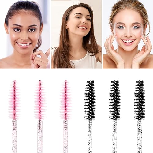 Vista 20 de 100 varitas de rímel desechables, cepillo de carretes de cejas de cristal para extensiones de pestañas, cepillos de pestañas rosas con contenedor